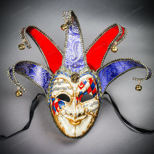 Medieval Jester Musical Joker Venetian Masquerade Mask Gold Lip Bells Red Blue